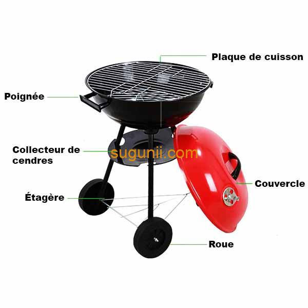 Barbecue à charbon portable 43 cm avec couvercle et roulettes 3