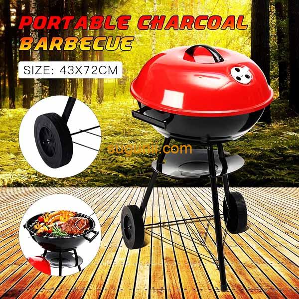 Barbecue à charbon portable 43 cm avec couvercle et roulettes