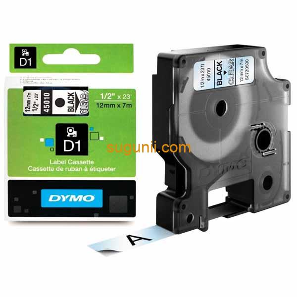 Ruban d'Étiquettes DYMO D1 45010 – 12 mm, Noir sur Transparent, 7 mètres