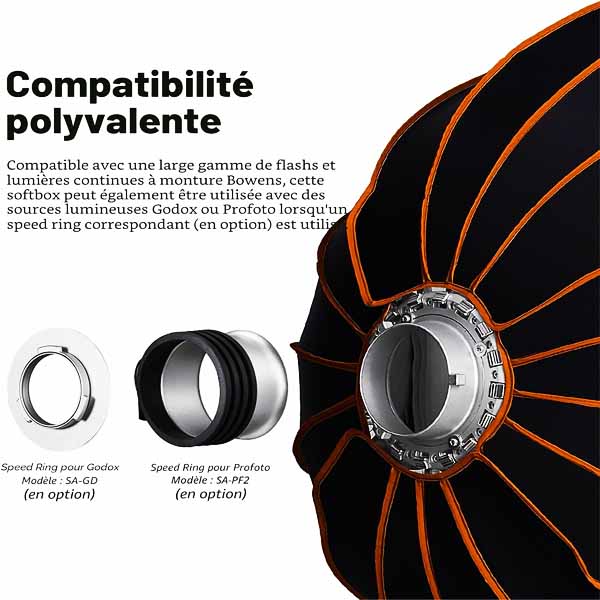 Softbox Parabolique Godox QR-P90 – 90 cm, Monture Bowens, Ouverture Rapide 7